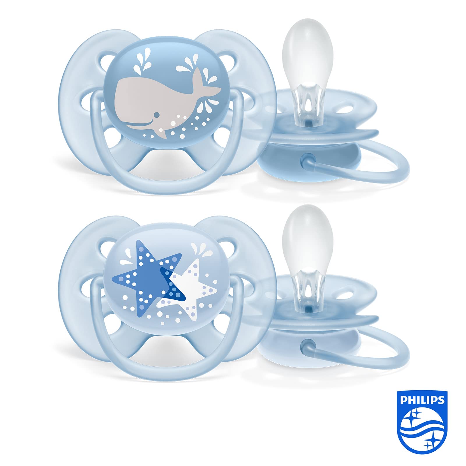 Philips Avent ultra soft pacifier UAE pair of light blue baby pacifiers with whale and star designs for soothing