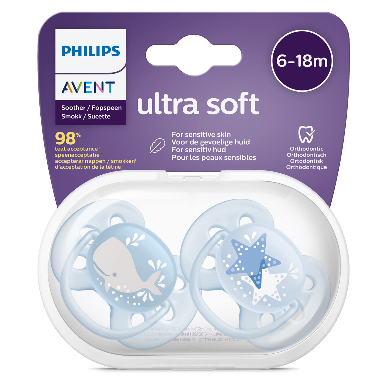 Philips Avent ultra soft pacifier UAE pack of two light blue 6 to 18 months orthodontic whale and star