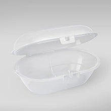 Clear pacifier storage case with snap latch, closed