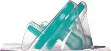 Green Soothie pacifier with clear shield and teal nipple, side view