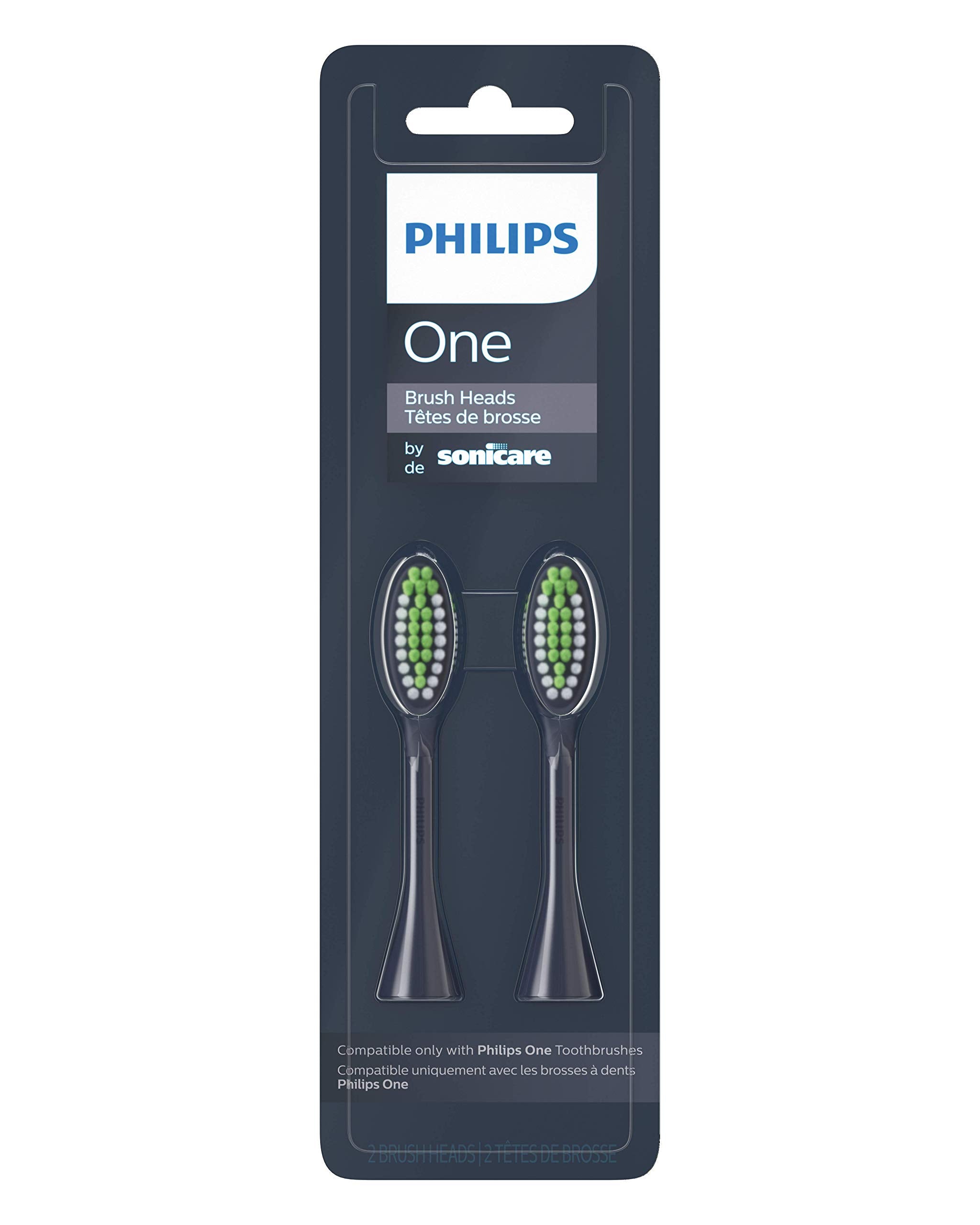 Philips One Sonicare replacement brush heads two pack black handle green white bristles in packaging