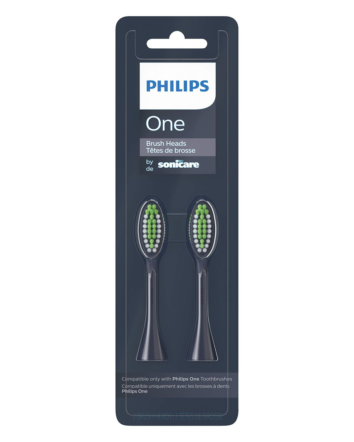 Philips One Sonicare replacement brush heads two pack black handle green white bristles in packaging