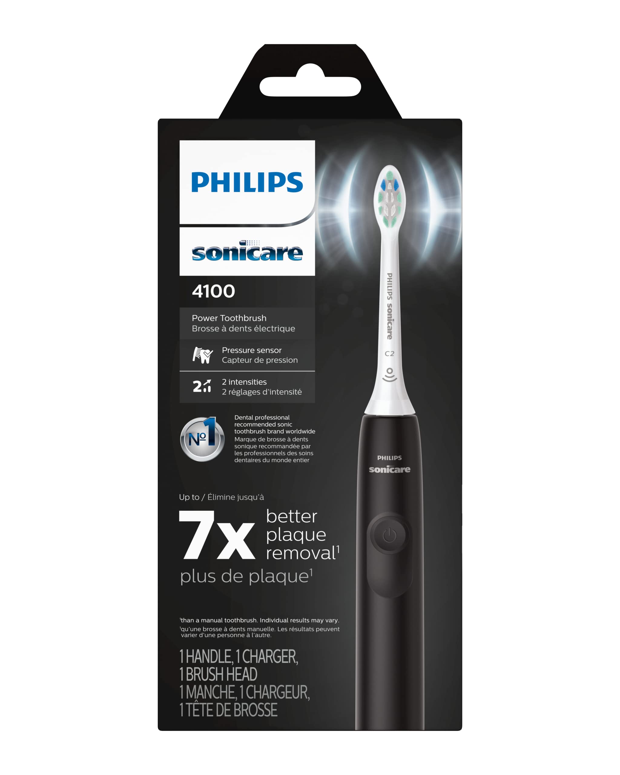 Philips Sonicare 4100 electric toothbrush UAE black handle on retail box showing brush head and charger included