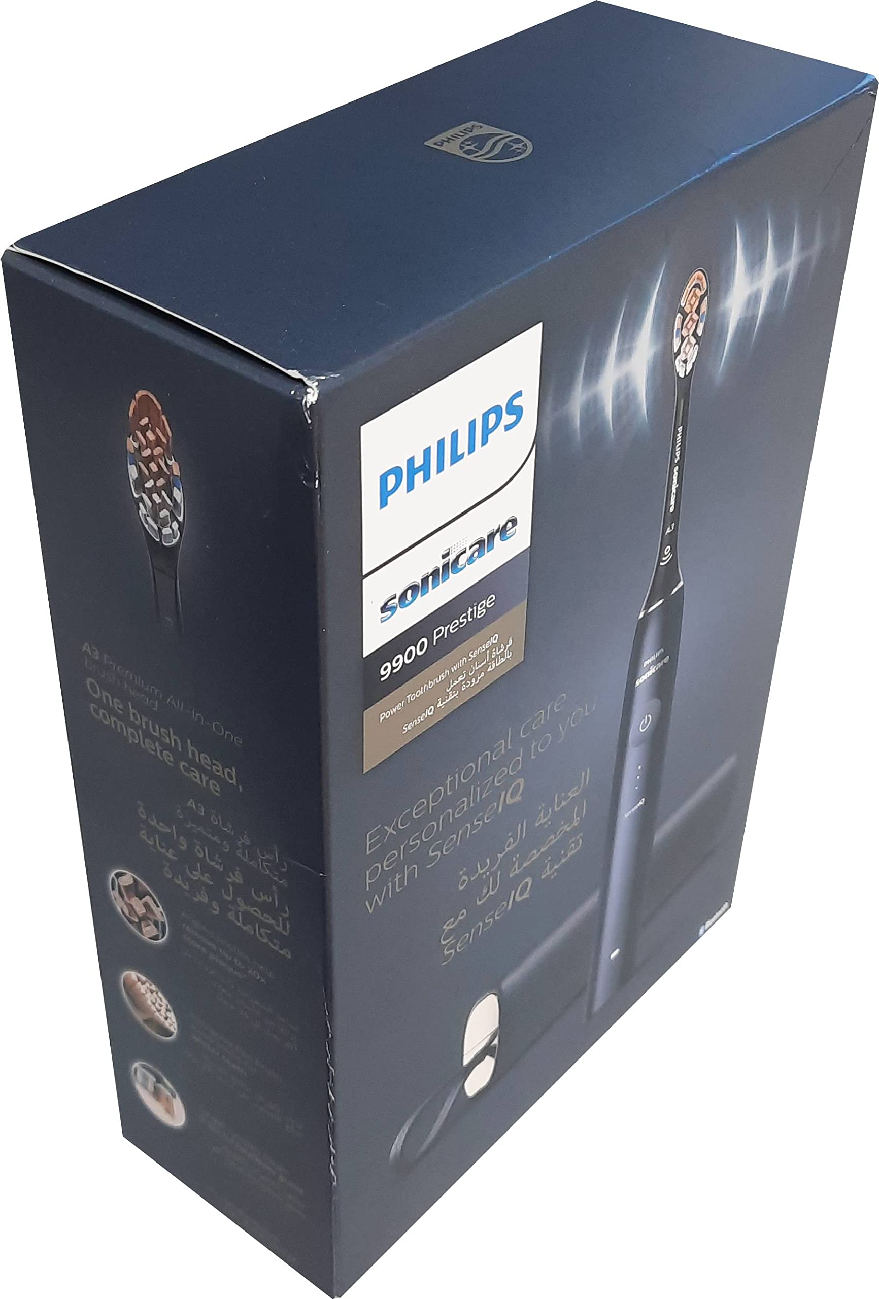 Philips Sonicare 9900 Prestige toothbrush in premium navy retail box showing black handle and brush head