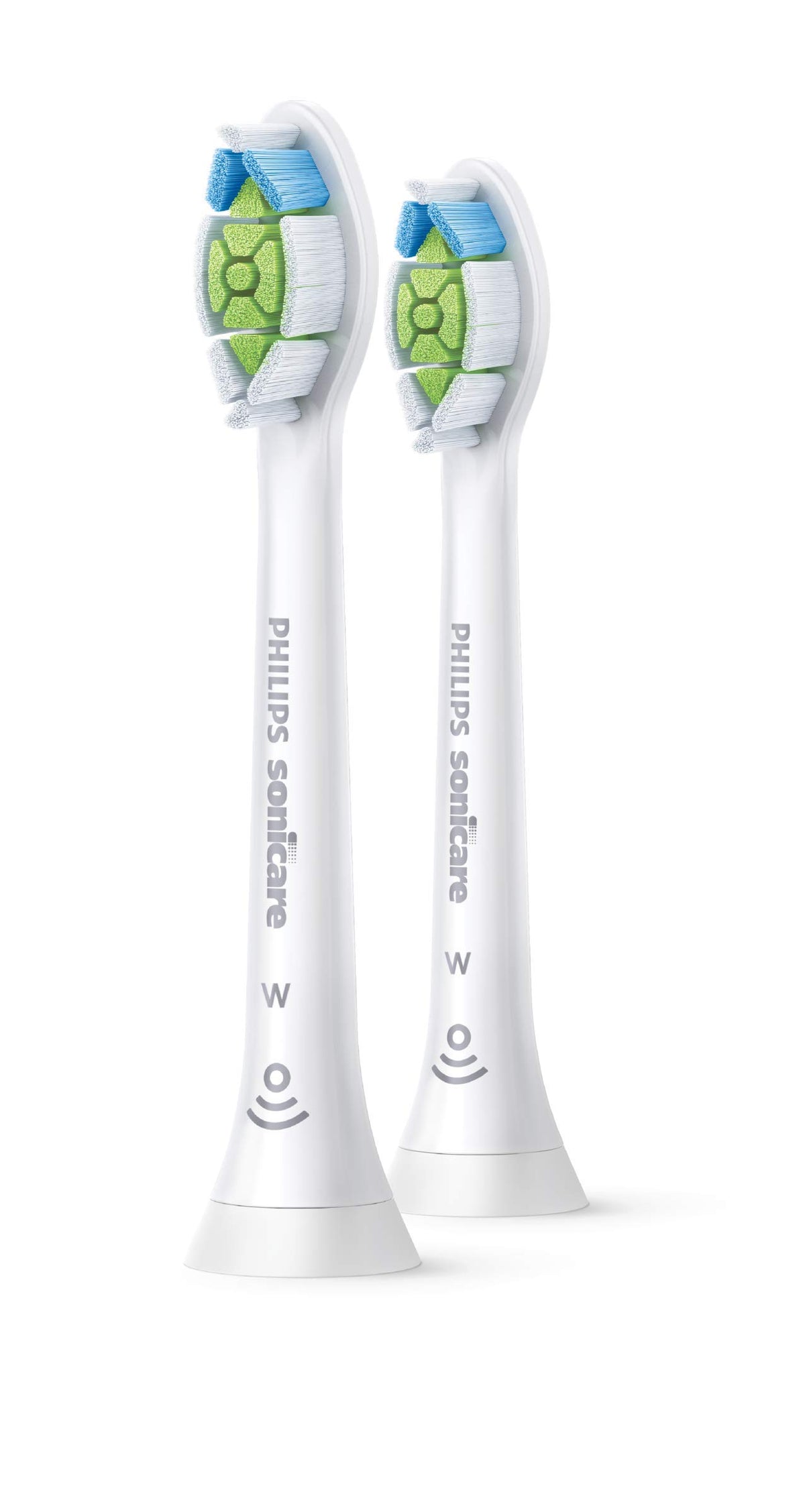 Philips Sonicare Diamond Clean replacement brush heads two white brush heads with green and blue bristles for electric toothbrush