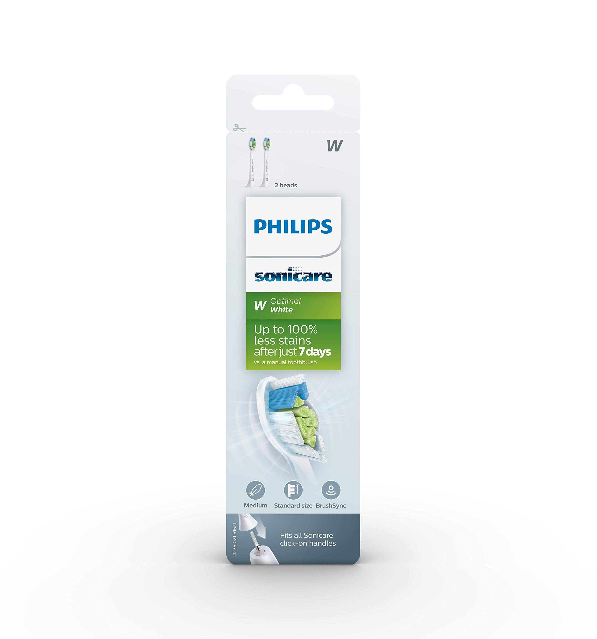 PHILIPS retail blister pack showing two Philips Sonicare Diamond Clean replacement brush heads Optimal White for stain removal