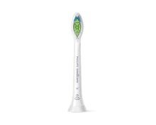 Upright white replacement brush head with blue and green center bristle pad
