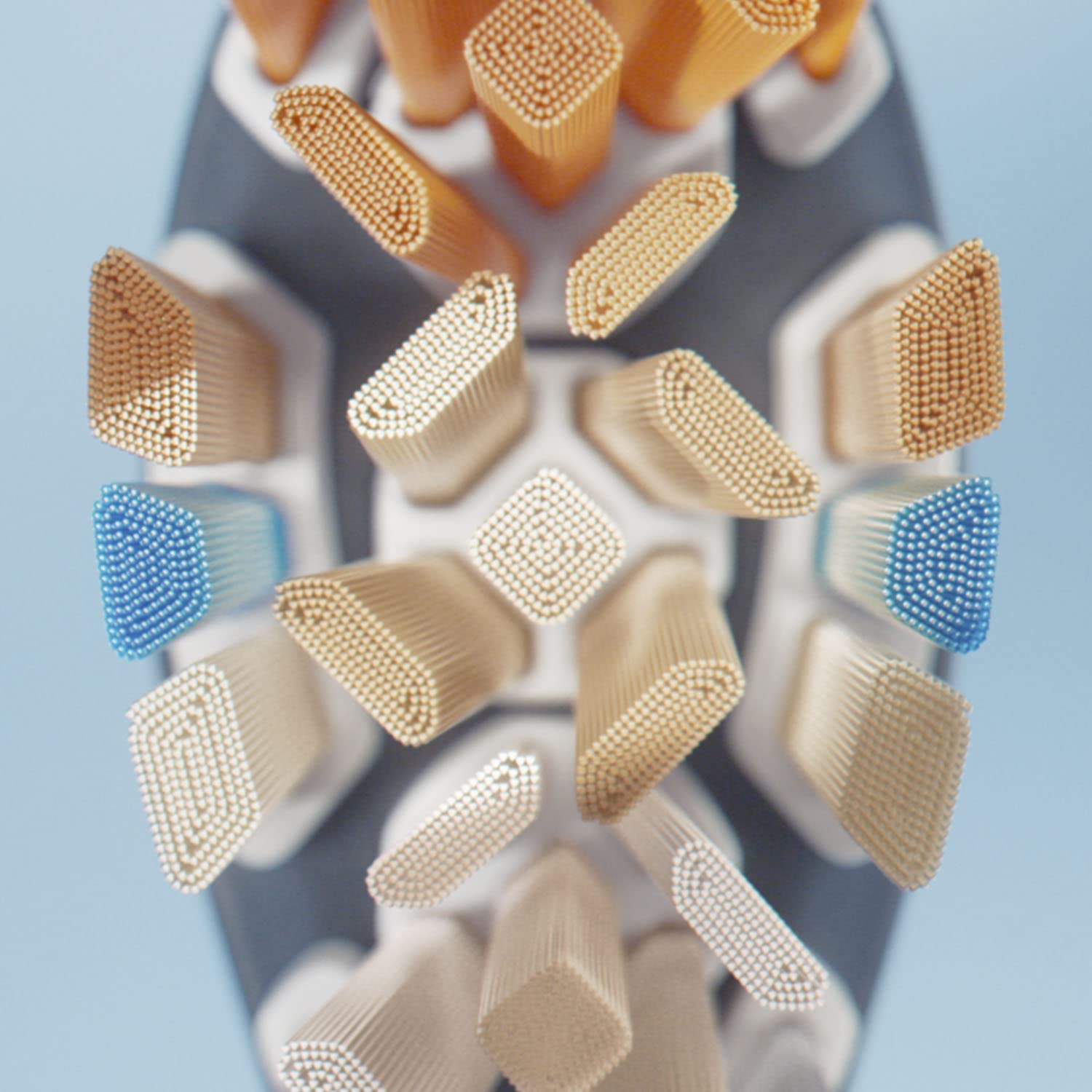 Close up of Philips Sonicare Premium brush heads showing multi angled soft bristles and blue indicator tufts