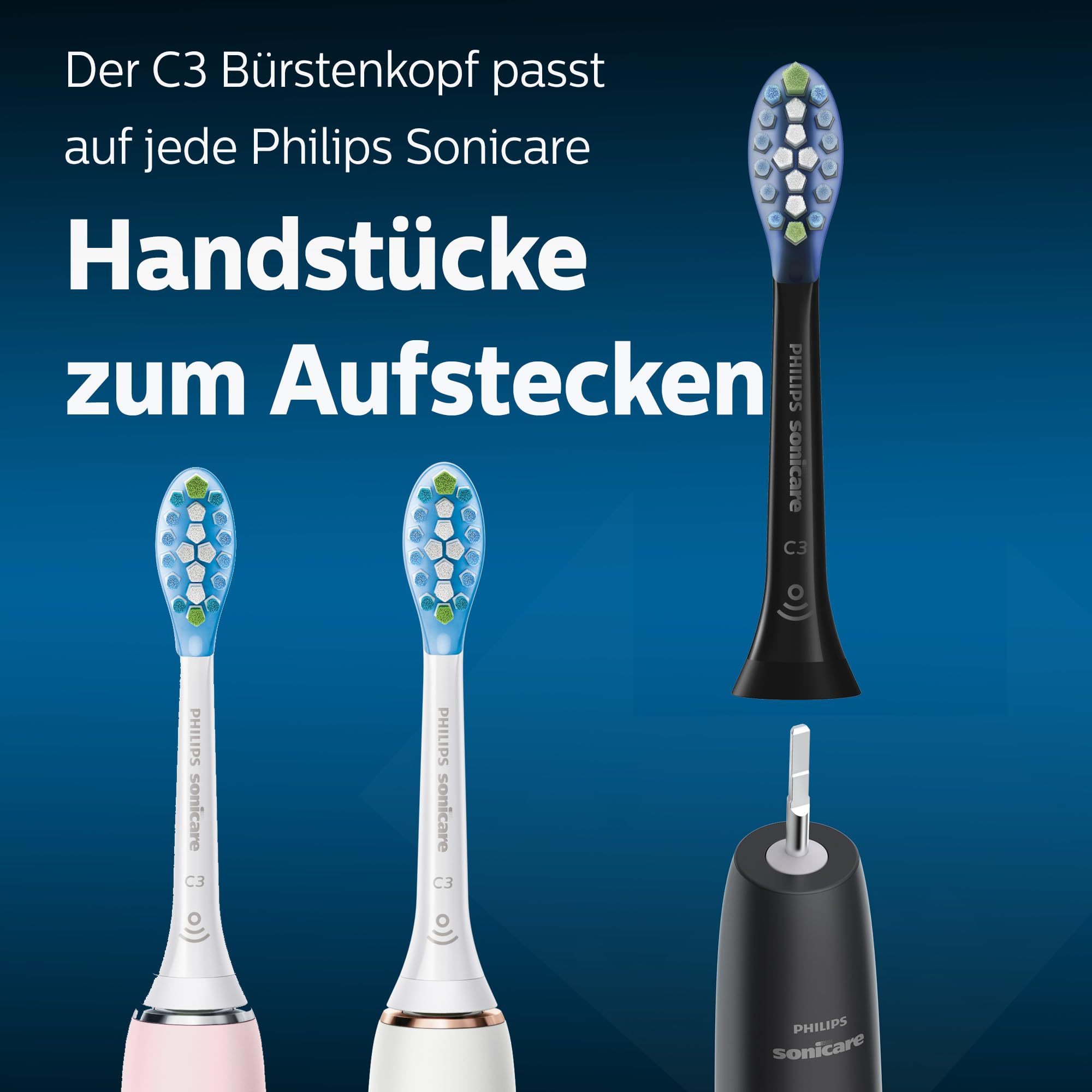 Philips Sonicare toothbrush heads 4 pack illustration of C3 replacement brush heads mounted on electric handles and charger