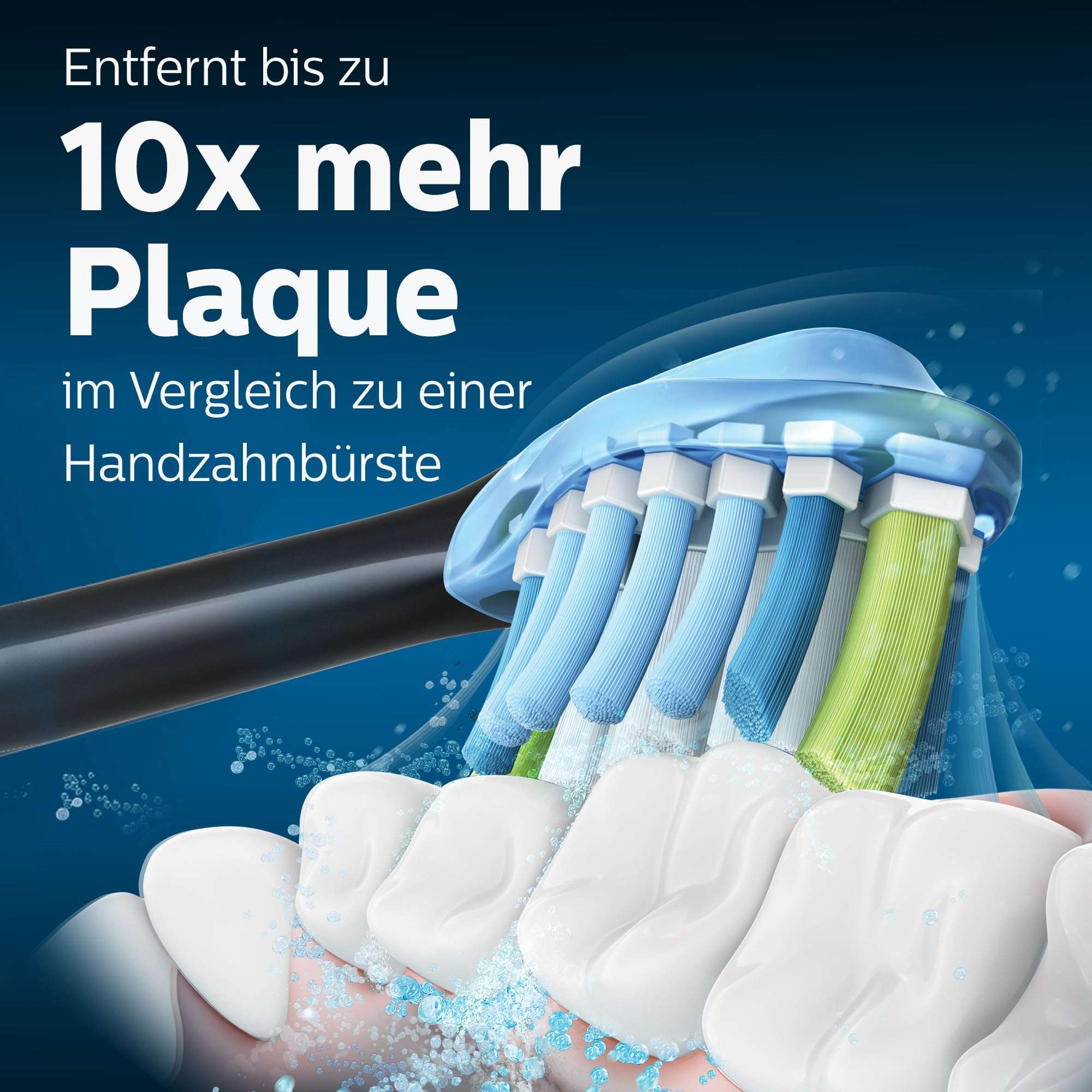 Philips Sonicare toothbrush heads 4 pack close up of blue and green brush head cleaning teeth and removing plaque