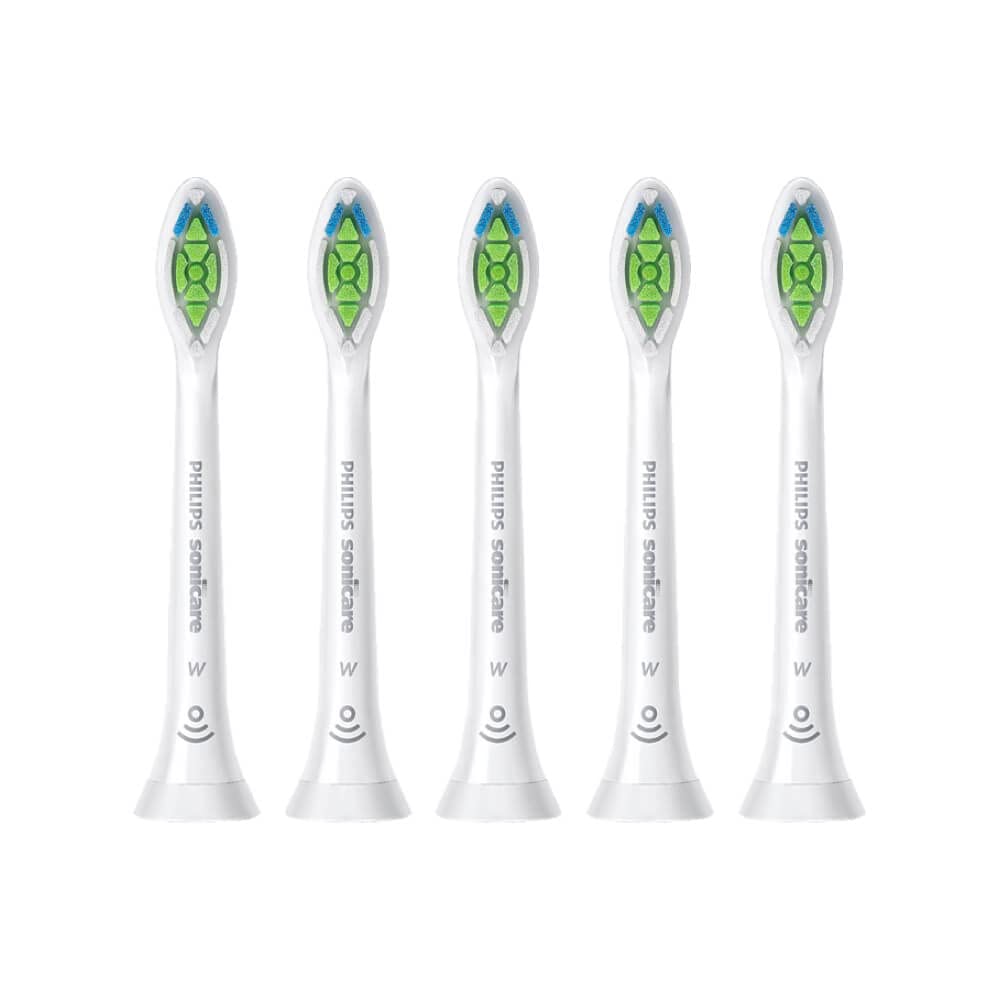 Pack of five white replacement Philips Sonicare toothbrush heads UAE with green and blue bristles