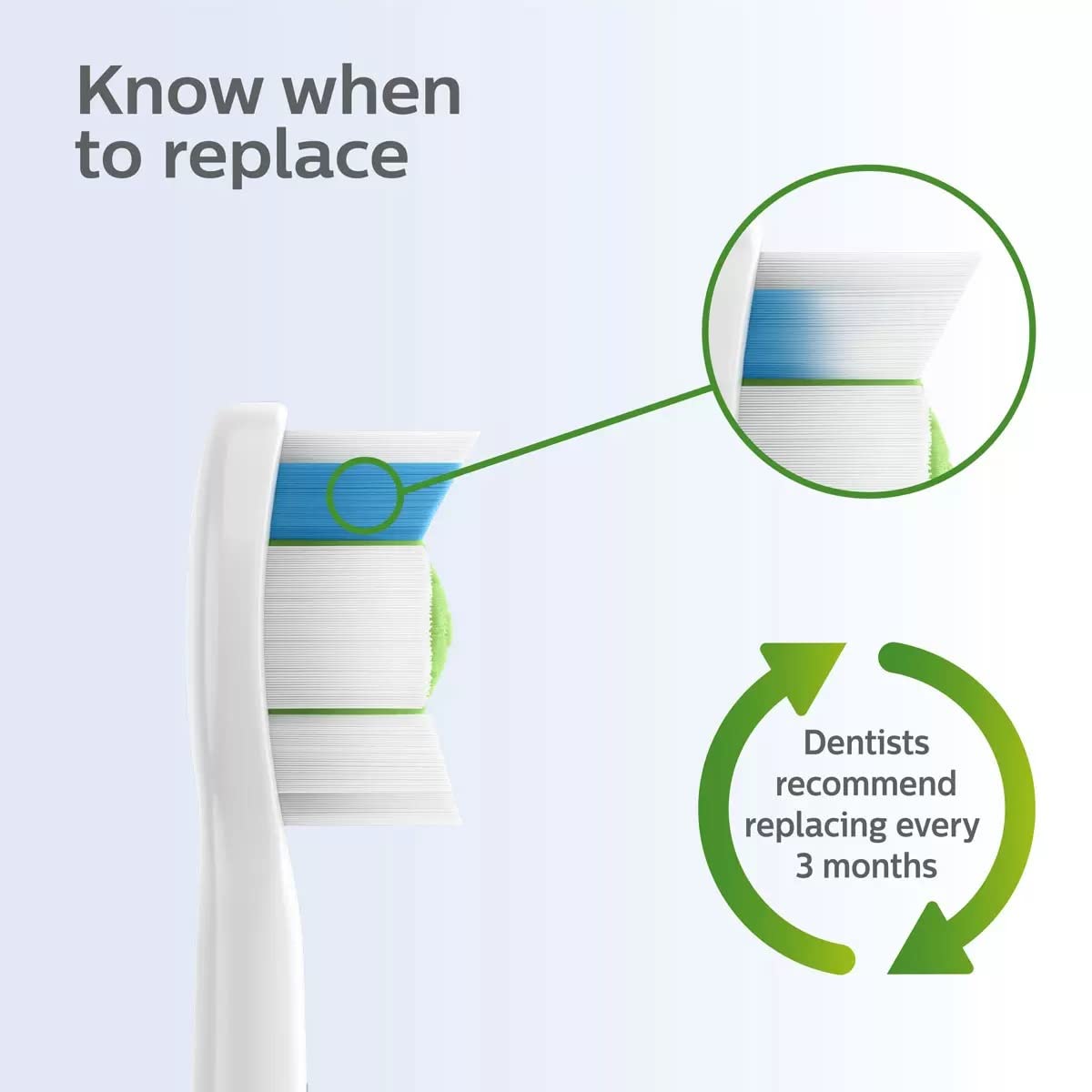 Philips Sonicare toothbrush heads UAE close up showing blue indicator bristles and dentists three month replacement reminder