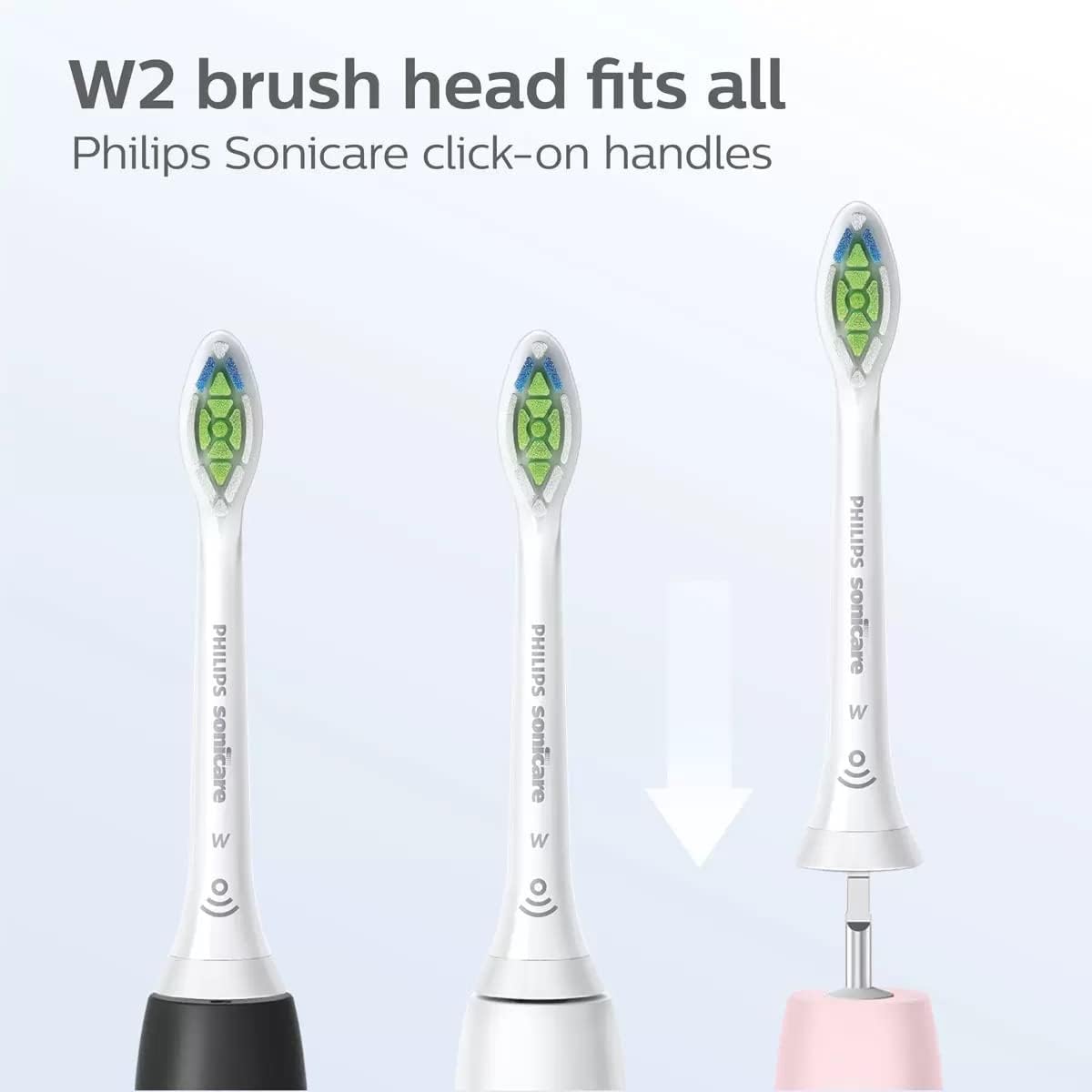 Philips Sonicare toothbrush heads UAE W2 brush heads shown on black white and pink click on handles