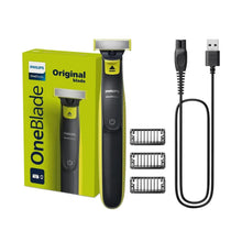 Philips OneBlade trimmer with dual-sided blade, green accents, and USB charging cable