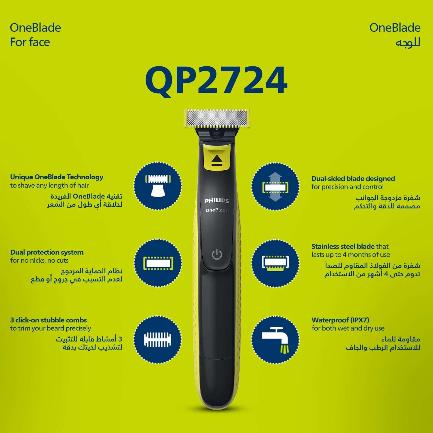 PHILIPS OneBlade QP2724 wet and dry beard shaver with dual sided blade and waterproof design