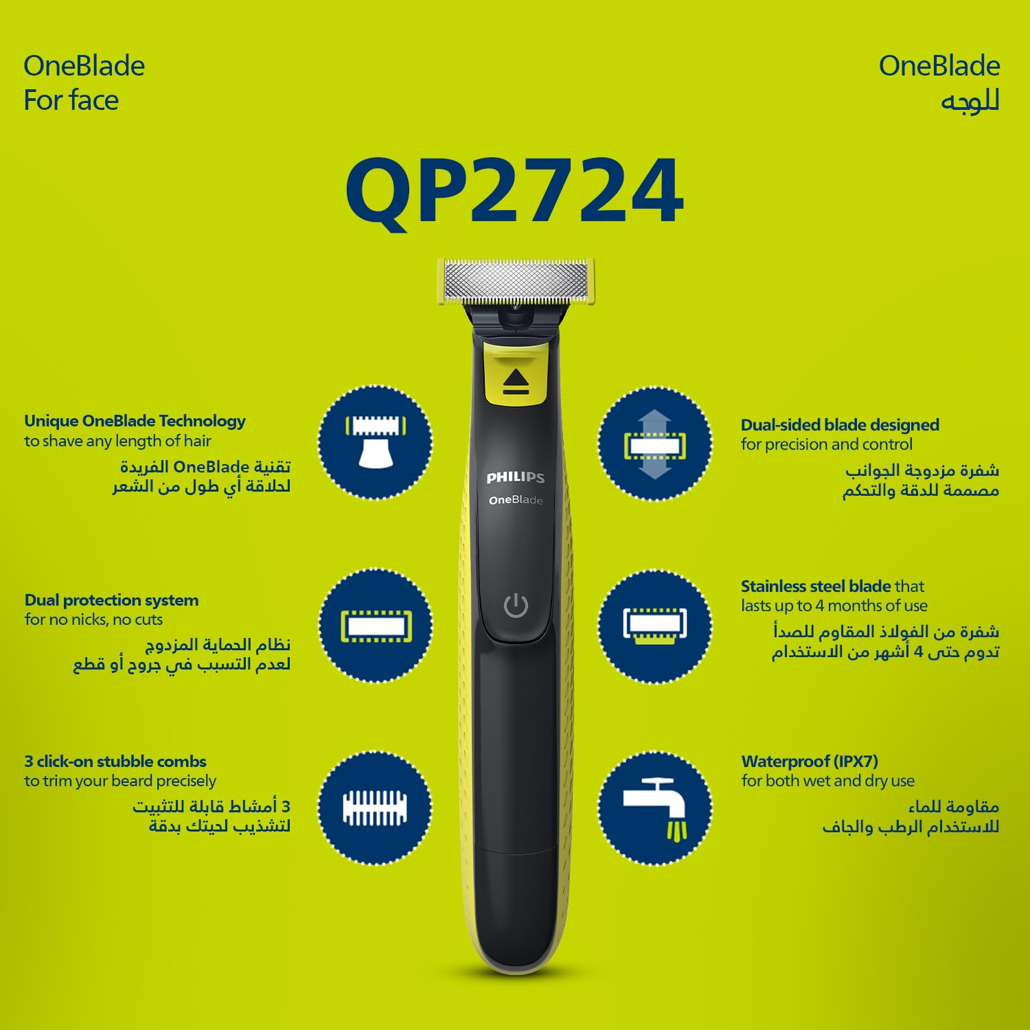 PHILIPS OneBlade QP2724 wet and dry beard shaver with dual sided blade and waterproof design