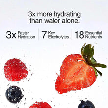 Electrolyte benefits graphic showing 3x faster hydration and fruit splash icons