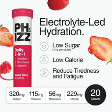 Electrolyte-led hydration label with tube, fruit, and 20 tablets nutrition amounts
