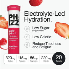 Daily 3-in-1 hydration electrolytes tube with low sugar and low calorie icons