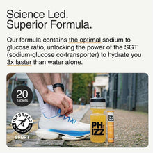 Sports hydration promo with electrolyte bottle, 20 tablet badge, and sneaker scene