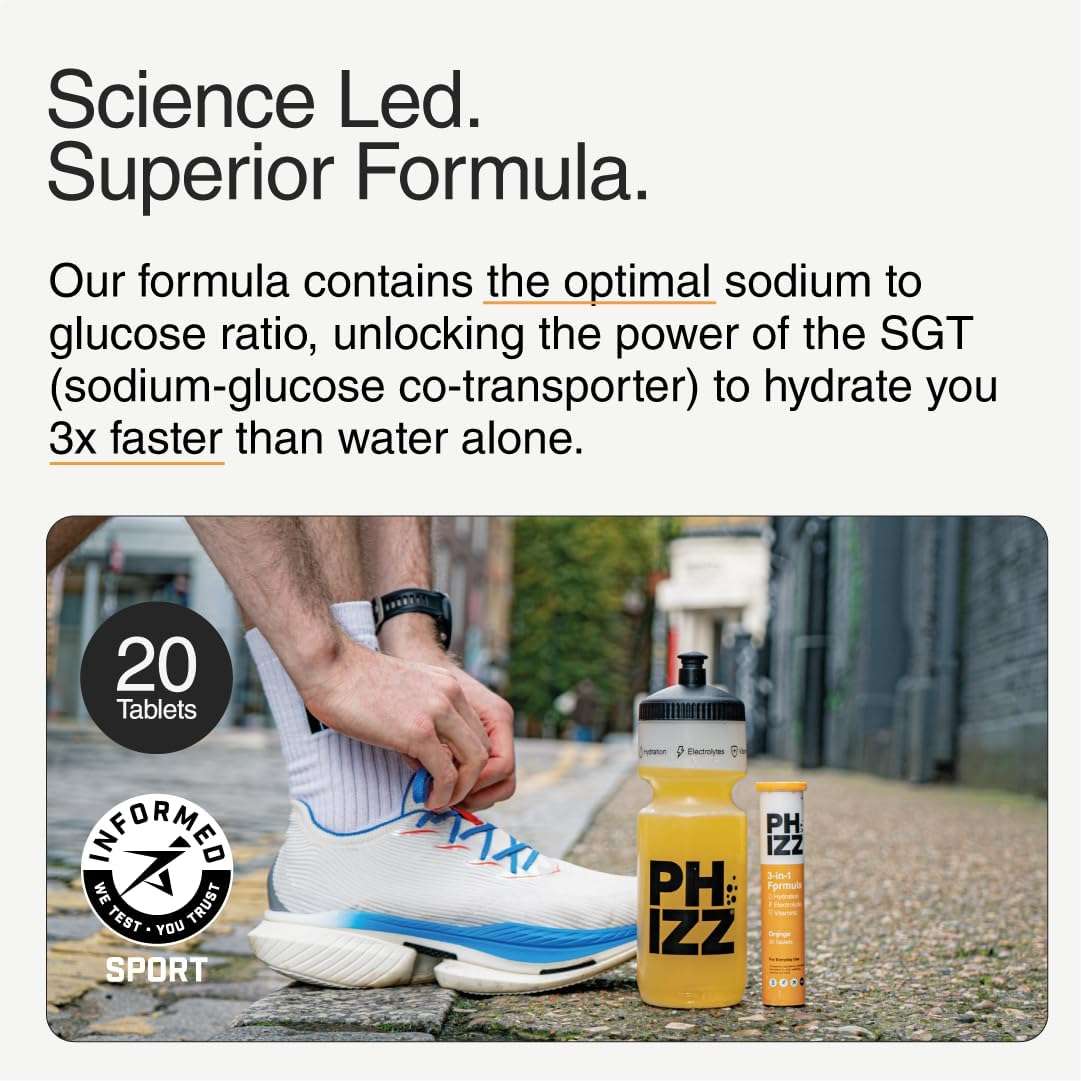Phizz electrolyte hydration tablets tube next to yellow Phizz sports bottle with runner tying shoe on city sidewalk