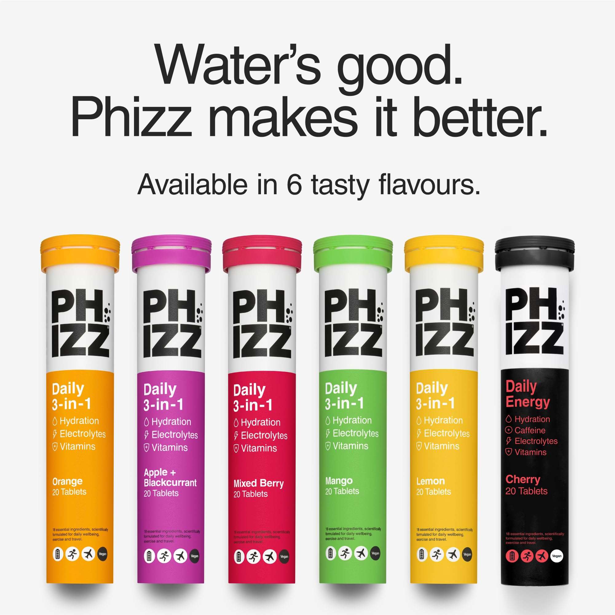 Phizz six colorful tubes of electrolyte hydration tablets in six fruit flavors for daily hydration