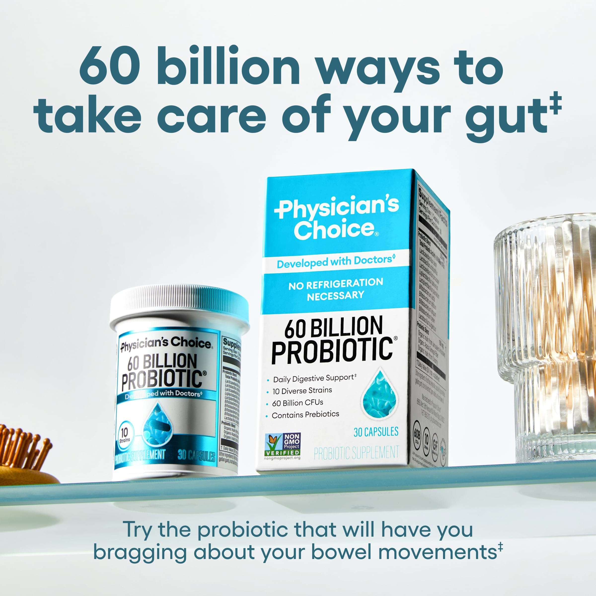 Physicians Choice 60 billion CFU probiotic supplement box and bottle on shelf with glass