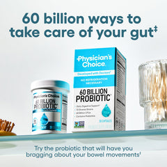 Physicians Choice 60 billion CFU probiotic supplement box and bottle on shelf with glass