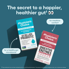 Physicians CHOICE 60 billion CFU probiotic supplement box next to digestive enzymes for a healthier gut