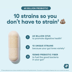 Physicians CHOICE capsule showing 10 strains 60 billion CFU probiotic supplement and prebiotic fiber benefits