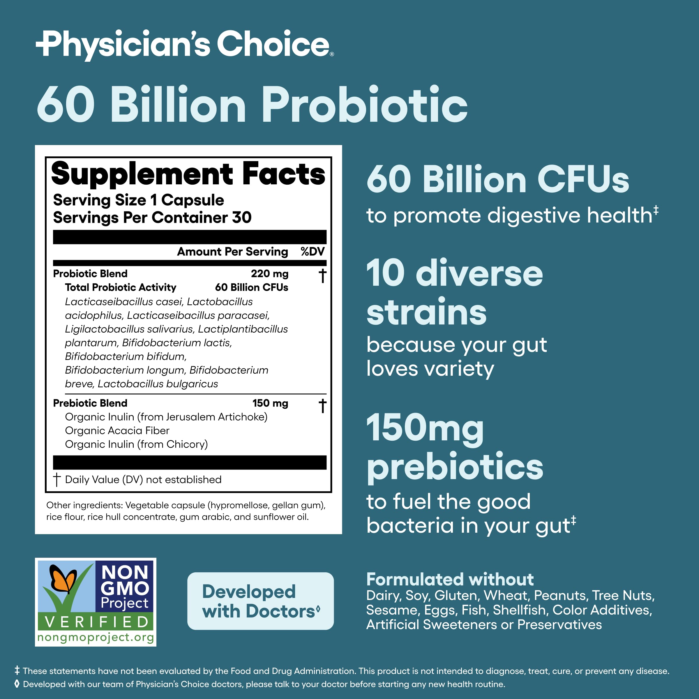 Physicians Choice label highlighting 60 billion CFU probiotic supplement with 10 diverse strains and 150mg prebiotics