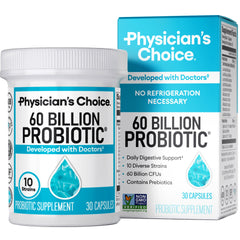 Physicians Choice bottle and box of 60 billion CFU probiotic supplement 30 capsules no refrigeration