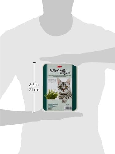 Padovan cat grass for indoor cats in a package showing dimensions and a playful cat image