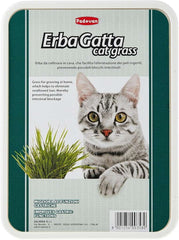 Padovan cat grass for indoor cats in a tin with a playful cat and fresh green grass