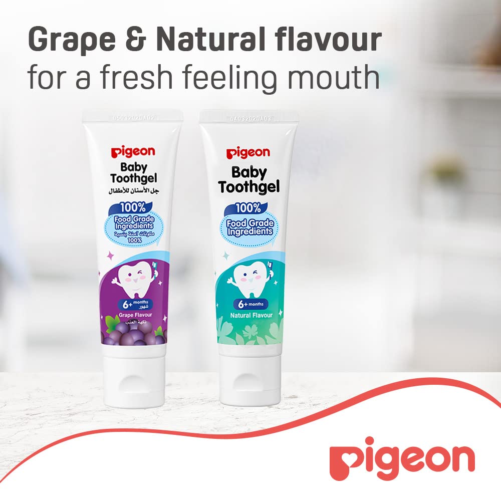 Pigeon baby tooth gel grape flavor tube shown next to natural flavor tube on white counter with packaging