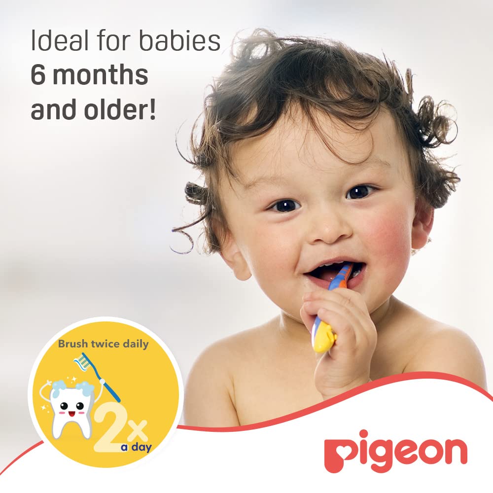 Smiling baby brushing with a toothbrush beside Pigeon logo promoting baby tooth gel grape flavor for 6 months and older