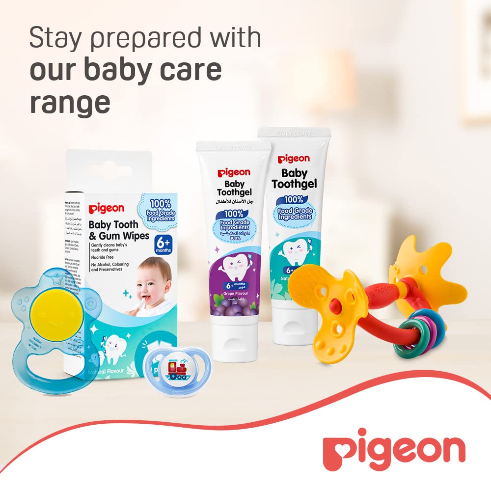 Pigeon baby care set with pacifier teether wipes and baby tooth gel grape flavor tube on counter