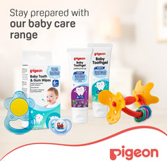 Pigeon baby care set with pacifier teether wipes and baby tooth gel grape flavor tube on counter