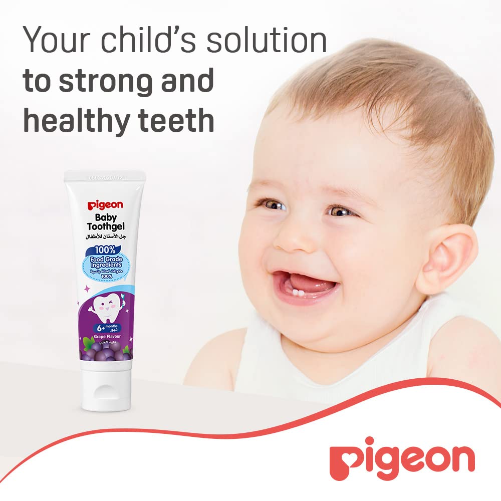 Pigeon baby tooth gel grape flavor tube next to smiling baby promoting infant dental care