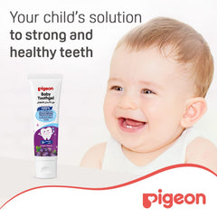 Pigeon baby tooth gel grape flavor tube next to smiling baby promoting infant dental care