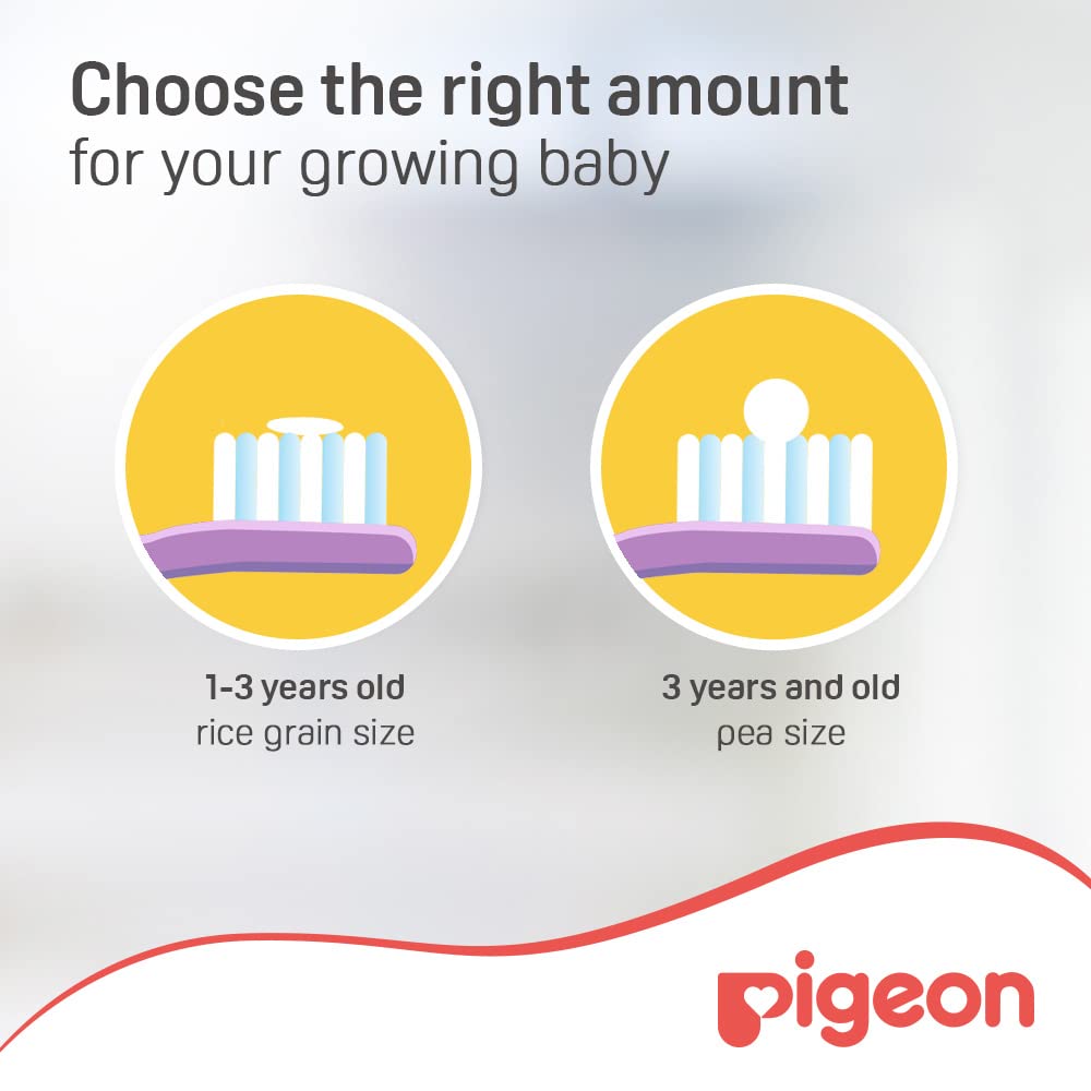 Pigeon illustration showing rice grain and pea size toothpaste amounts for toddlers with baby tooth gel grape flavor