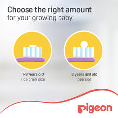 Pigeon illustration showing rice grain and pea size toothpaste amounts for toddlers with baby tooth gel grape flavor