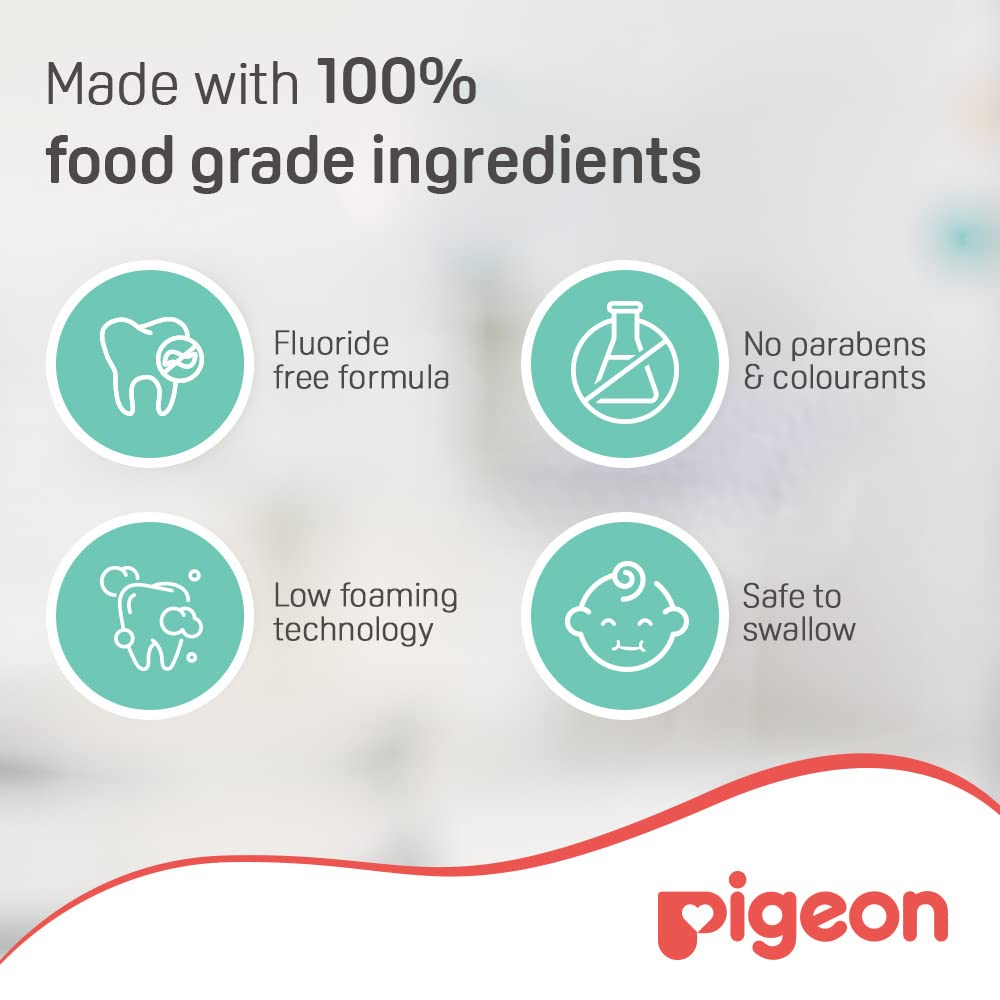 Pigeon baby tooth gel grape flavor label highlighting 100 percent food grade ingredients, fluoride free and safe to swallow