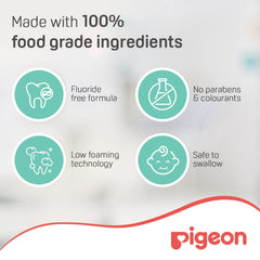 Pigeon baby tooth gel grape flavor label highlighting 100 percent food grade ingredients, fluoride free and safe to swallow