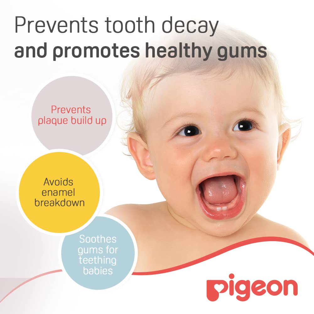 Smiling baby with open mouth and Pigeon logo on packaging for baby tooth gel grape flavor showing benefits