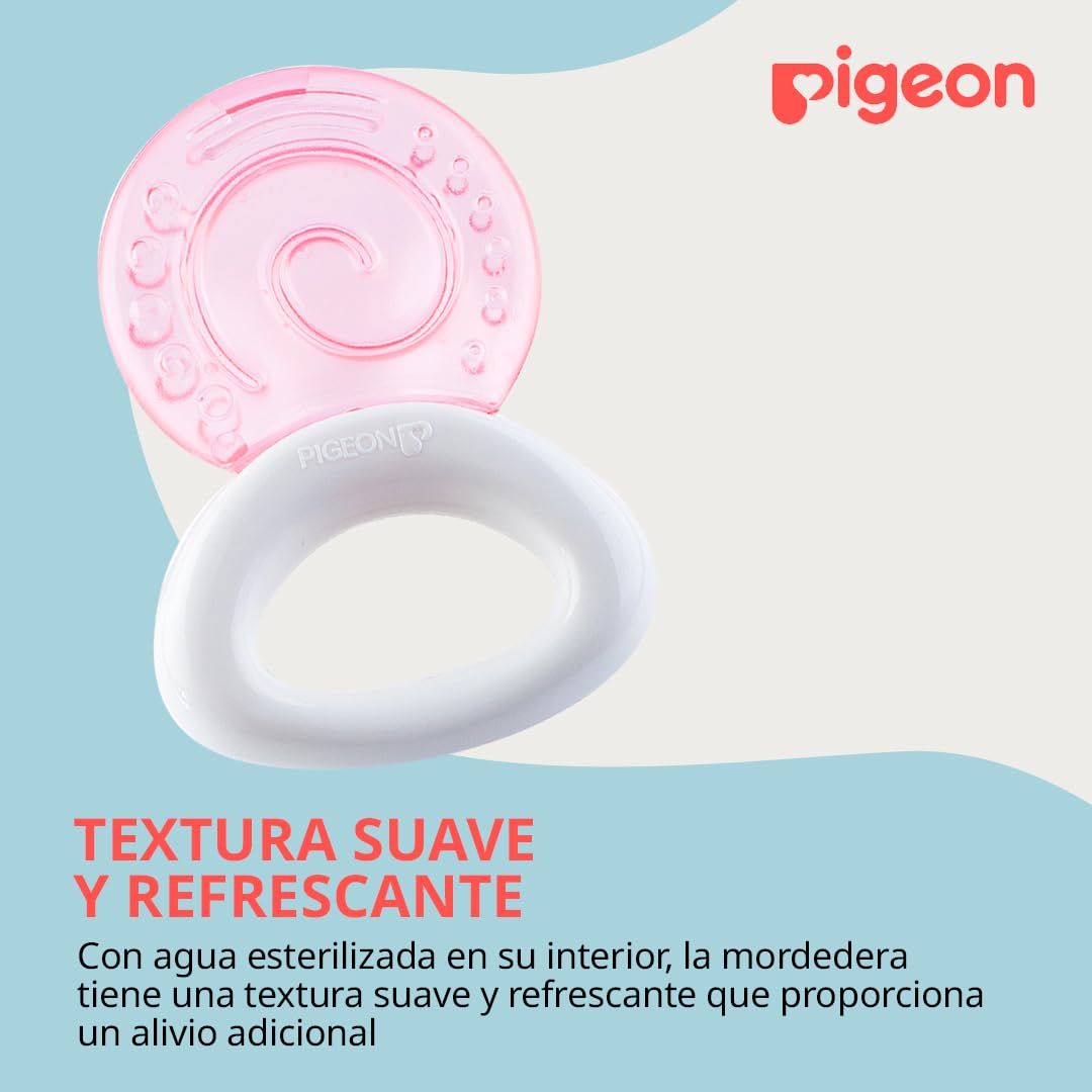 pigeon cooling teether pink spiral textured gel top with white ergonomic ring handle for soothing relief