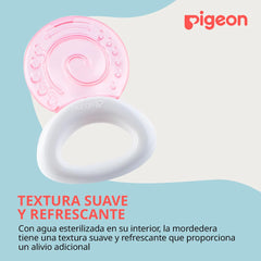 pigeon cooling teether pink spiral textured gel top with white ergonomic ring handle for soothing relief