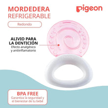 Pink round cooling teether with molded bumps and a white ring handle