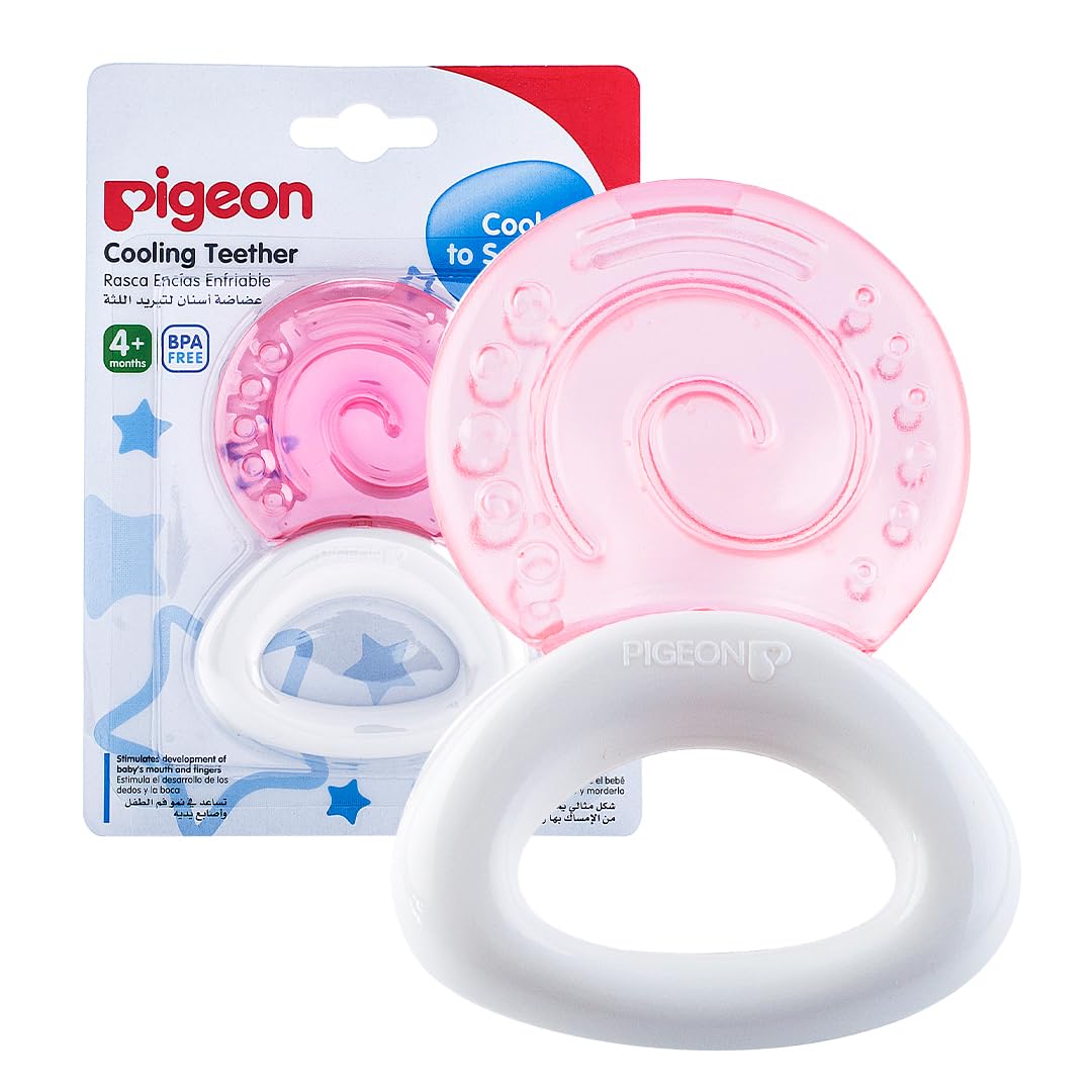 Pink spiral pigeon cooling teether with white handle displayed in retail blister pack and BPA free