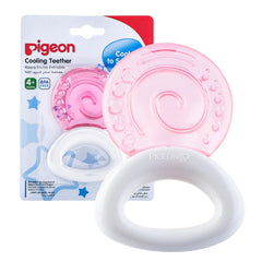 Pink spiral pigeon cooling teether with white handle displayed in retail blister pack and BPA free